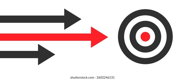 Arrows leading point to target icon placing red goal dartboard symbol, strategy future vision success, archery target with arrow isolated, business mission setting concept, victory sign