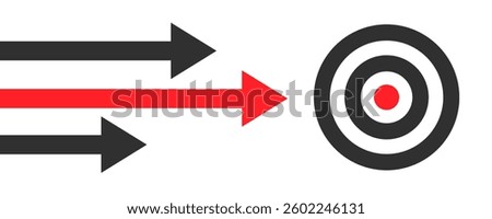 Arrows leading point to target icon placing red goal dartboard symbol, strategy future vision success, archery target with arrow isolated, business mission setting concept, victory sign