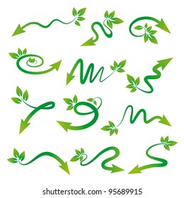 Arrows with leaves in their tails. Set of twelve ecology elements.