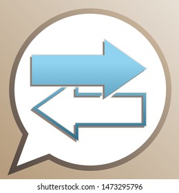 Arrows left right icon. Exchange sign. Bright cerulean icon in white speech balloon at pale taupe background. Illustration.