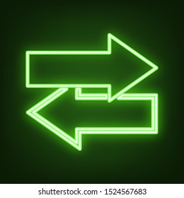 Arrows left right icon. Exchange sign. Green neon icon in the dark. Blurred lightening. Illustration.