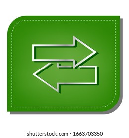 Arrows left right icon. Exchange sign. Silver gradient line icon with dark green shadow at ecological patched green leaf. Illustration.