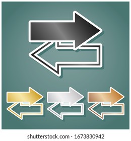 Arrows left right icon. Exchange sign. Set of metallic Icons with gray, gold, silver and bronze gradient with white contour and shadow at viridan background. Illustration.