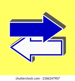 Icono de flechas a la izquierda a la derecha. Signo de intercambio. Icono azul con trazo blanco en 3d en fondo amarillo. Ilustración.