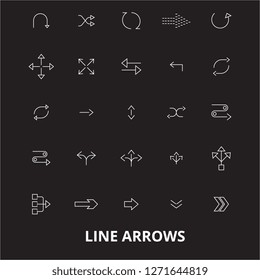 Arrows line editable line icons vector set on black background. Arrows line white outline illustrations, signs, symbols