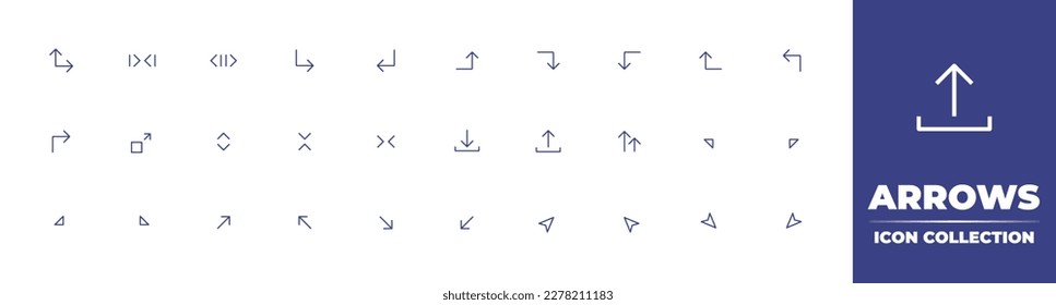 Arrows line icon collection. Editable stroke. Vector illustration. Containing arrows right up, merge, split, down right, corner down left, right up, right down, corner left down.