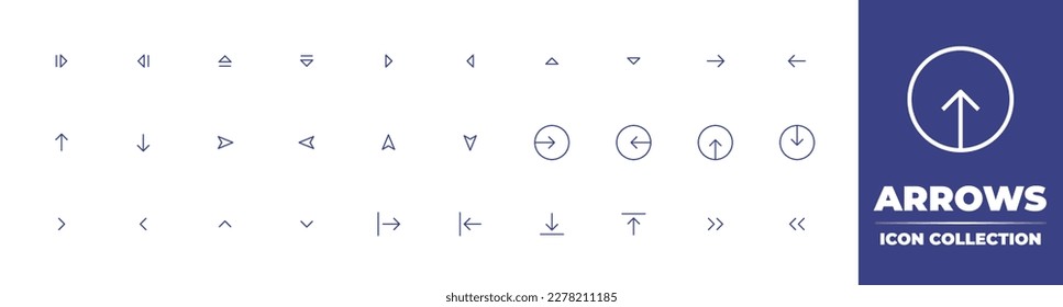 Arrows line icon collection. Editable stroke. Vector illustration. Containing right, left, up arrow, down, exit, enter, download, upload, double right arrow, double left arrow.