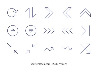 Colección de iconos de línea de flechas. Trazo editable. Ilustración vectorial. Conteniendo bucle, intercambio, derecha, izquierda, arriba, abajo, triple derecha, triple izquierda, comprimir a la izquierda, comprimir, crecimiento de flecha, gráfico hacia abajo.