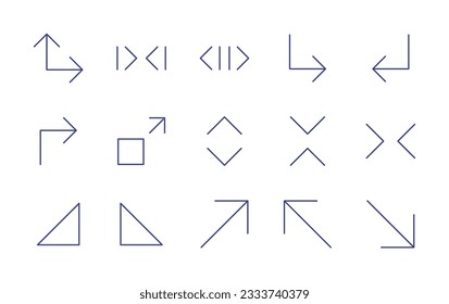 Colección de iconos de línea de flechas. Trazo editable. Ilustración vectorial. Conteniendo arriba, abajo, triple derecha, triple izquierda, comprimir a la izquierda, comprimir, crecimiento de flecha, gráfico hacia abajo, barrido.