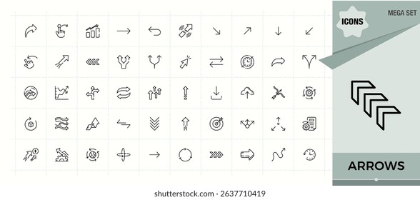 Arrows line icon set. Outline symbol collection. Vector artwork and illustration. Arrows related icon set. Featuring circle, point, click, next, navigation and more.