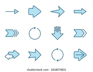 Arrows line icon set in two colors isolated on white background. Blue arrows outline icons for web design, mobile apps, ui design and print.