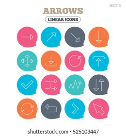 Arrows line icons. Download, upload, check or tick symbols. Refresh, fullscreen and shuffle thin outline signs. Flat speech bubbles with linear icons. Vector