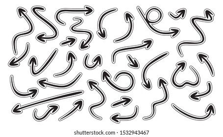 Arrows line icons set. Curly, straight and twisted shapes. Different arrows collection. Design direction elements. Navigation arrowheads. Hand drawn icons. Isolated on white background. Vector