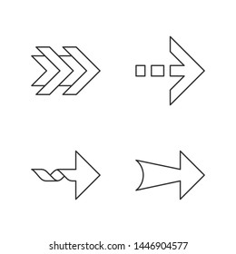 Arrows linear icons set. Double, dotted, twisted, wide next. Arrowhead showing right direction. Pointing sign. Thin line contour symbols. Isolated vector outline illustrations. Editable stroke