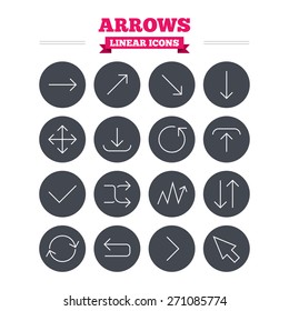 Arrows linear icons set. Download, refresh and fullscreen symbols. Upload, check ot tick and shuffle thin outline signs. Cursor arrow. Flat circle vector