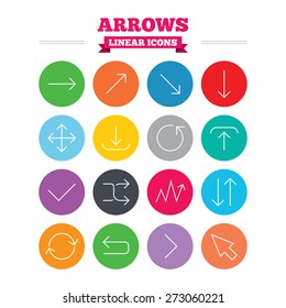 Arrows linear icons set. Download, refresh and fullscreen symbols. Upload, check ot tick and shuffle thin outline signs. Cursor arrow. Flat circles vector