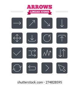 Arrows linear icons set. Download, refresh and fullscreen symbols. Upload, check ot tick and shuffle thin outline signs. Cursor arrow. Flat square vector