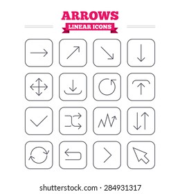Arrows linear icons set. Download, refresh and fullscreen symbols. Upload, check ot tick and shuffle thin outline signs. Cursor arrow. Flat square vector