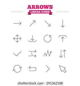 Arrows linear icons set. Download, refresh and fullscreen symbols. Upload, check ot tick and shuffle thin outline signs. Cursor arrow. Flat vector