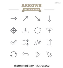 Arrows linear icons set. Download, refresh and fullscreen symbols. Upload, check ot tick and shuffle thin outline signs. Cursor arrow. Flat vector