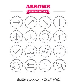 Arrows linear icons set. Download, refresh and fullscreen symbols. Upload, check ot tick and shuffle thin outline signs. Cursor arrow. Flat vector