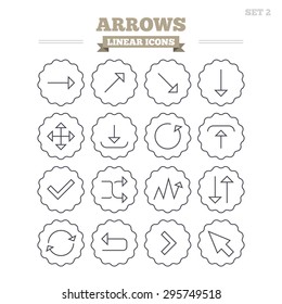 Arrows linear icons set. Download, refresh and fullscreen symbols. Upload, check ot tick and shuffle thin outline signs. Cursor arrow. Flat vector