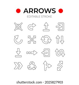 Arrows linear icons set. Thin line customizable illustration. Contour symbol. Vector isolated outline drawing. Editable stroke