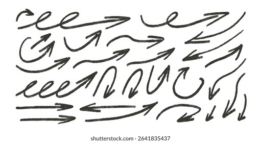 Arrows lines charcoal drawn. Straight and curved thin pointers doodle elements set. Scribble freehand arrow markers Vector illustration by pencil. Grunge chalk freehand graphic on white background.