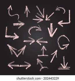 Arrows, lines, pointers  - hand drawn. Set 2, isolated on black background, written in red chalk. Graphic Design Editable For Your Design.