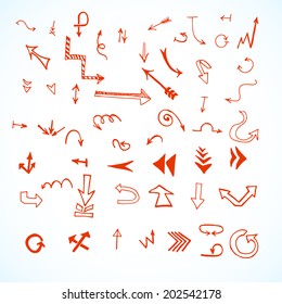 Arrows, lines, pointers  - hand drawn. Set red, isolated on grey background. Vector illustration Graphic Design Editable For Your Design.