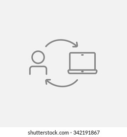Arrows linking man and laptop line icon for web, mobile and infographics. Vector dark grey icon isolated on light grey background.