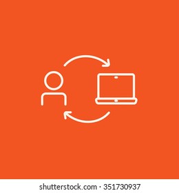Arrows linking man and laptop line icon for web, mobile and infographics. Vector white icon isolated on red background.
