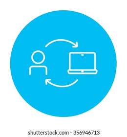 Arrows linking man and laptop line icon for web, mobile and infographics. Vector white icon on the light blue circle isolated on white background.