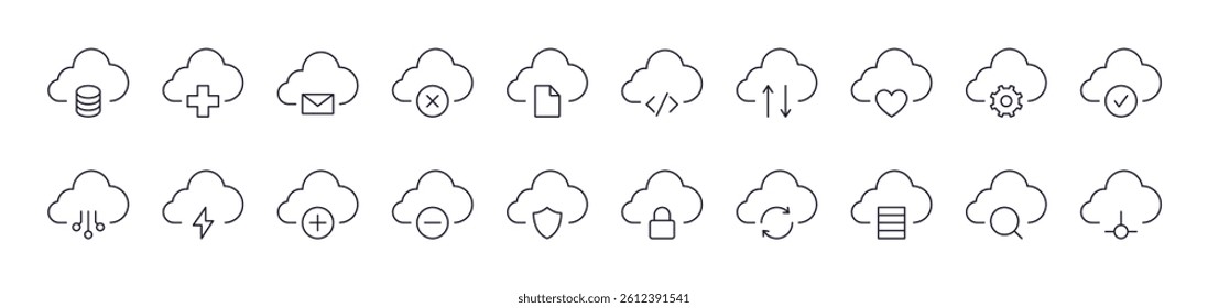 Arrows, Lock, Check etc in Cloud Store Picture Collection. Editable Stroke. Perfect for Infographics, Articles, Books, Flyers, Banners