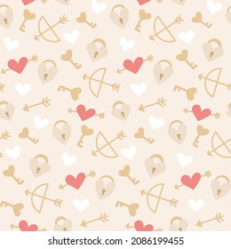 Arrows lock keys hearts Sweet seamless repeat romantic pattern for Saint Valentine day, love heart romance pink red beige white pastel colours