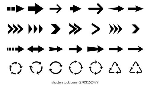 Logotipo das setas. Ícone de vetor de seta.  Definir ícones de seta. Sinal de setas de coleção. Conjunto de ícones de seta preta.  Ilustração vetorial