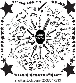  Flechas Mega gran conjunto negro Cursor. Vector de ilustración simple moderno eps 10 Esquema en estilo dibujado a mano Silueta de forma de punto de puntero aislado en el icono de colección de fondo blanco (1