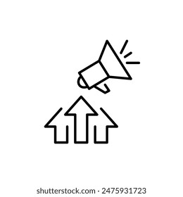 Arrows up and megaphone. Growth, development and success with marketing tools. Pixel perfect vector icon