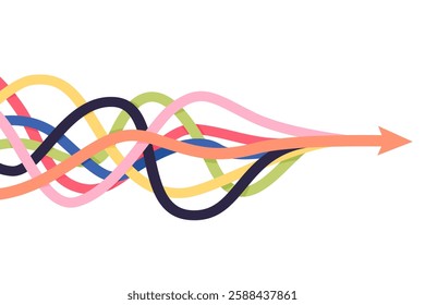 Arrows merger. Abstract diversity arrow merge, unity partnership teamwork company consolidate collaboration concept, business partner alliance together path mix vector illustration original artwork