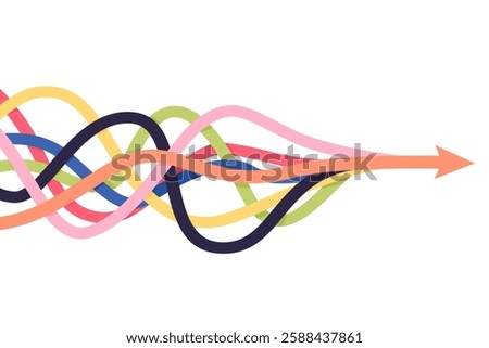 Arrows merger. Abstract diversity arrow merge, unity partnership teamwork company consolidate collaboration concept, business partner alliance together path mix vector illustration original artwork
