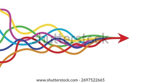Arrows merger. Abstract diversity arrow merge, unity partnership teamwork. Collaboration concept, business partner alliance vector illustration