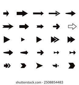 Setas mini ícones de conjunto preto. símbolo de aplicativo abstrato. Botão de coleção de vetores de setas. círculo, Cursor, Moderno simples direção digital para baixo design de computador. Ilustração do vetor EPS. setas para trás pretas.