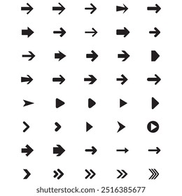 Setas mini ícones de conjunto preto. símbolo de aplicativo abstrato. Botão de coleção de vetores de setas. círculo, Cursor, Moderno simples direção digital para baixo design de computador. Ilustração do vetor EPS. setas para trás pretas.