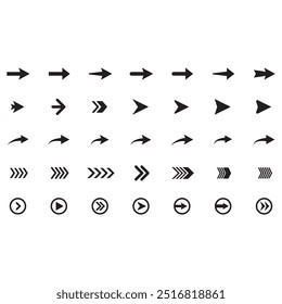 Setas mini ícones de conjunto preto. símbolo de aplicativo abstrato. Botão de coleção de vetores de setas. círculo, Cursor, Moderno simples direção digital para baixo design de computador. Ilustração do vetor EPS. setas para trás pretas.