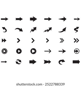 Setas mini ícones de conjunto preto. símbolo de aplicativo abstrato. Botão de coleção de vetores de setas. círculo, Cursor, Moderno simples direção digital para baixo design de computador. Ilustração do vetor EPS. setas para trás pretas.