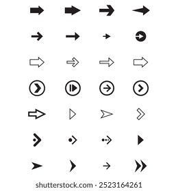 Setas mini ícones de conjunto preto. símbolo de aplicativo abstrato. Botão de coleção de vetores de setas. círculo, Cursor, Moderno simples direção digital para baixo design de computador. Ilustração do vetor EPS. setas para trás pretas.