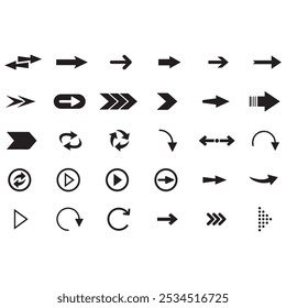 Setas mini ícones de conjunto preto. símbolo de aplicativo abstrato. Botão de coleção de vetores de setas. círculo, Cursor, Moderno simples direção digital para baixo design de computador. Ilustração do vetor EPS. setas para trás pretas.