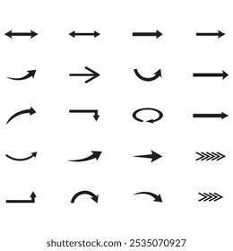 Setas mini ícones de conjunto preto. símbolo de aplicativo abstrato. Botão de coleção de vetores de setas. círculo, Cursor, Moderno simples direção digital para baixo design de computador. Ilustração do vetor EPS. setas para trás pretas.