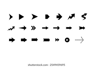 Setas mini ícones de conjunto preto. símbolo de aplicativo abstrato. Botão de coleção de vetores de setas. círculo, Cursor, Moderno simples direção digital para baixo design de computador. Ilustração do vetor EPS. setas para trás pretas.
