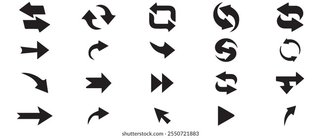 Setas mini ícones de conjunto preto. símbolo de aplicativo abstrato. Botão de coleção de vetores de setas. círculo, Cursor, Moderno simples direção digital para baixo design de computador. Ilustração do vetor EPS. setas para trás pretas.